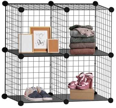 Knight 4 Cube Interlocking Storage Rack | Metal Wire Mesh Shelves | Combination Display Stand Unit | Large Capacity | Free Rubber Mallet | 62x31x62cm | Black