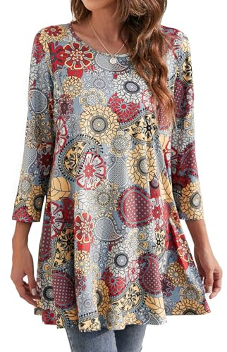 Enmain Womens Long Sleeve Tunic Top Ladie Longline Blouse Casual Floral Swing Dress Top Slouch Loose Comfortable Plus Size L