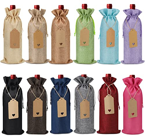 Tigerkinwit Bolsas para Botellas de Vino 12 Piezas Bolsas de Regalo de Vino Cordón con 12 Etiquetas y 10 Metro Cuerda de Cáñamo Fundas Reutilizables para Botellas de Vino(12 Colores)