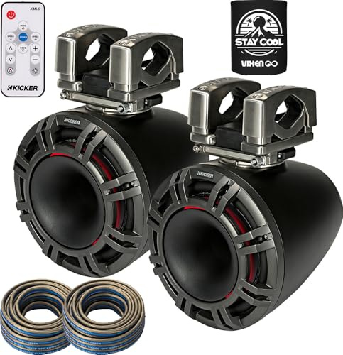 KICKER Wake Tower Speakers Bundle of 4 Items - 9 Horn-Loaded Marine Speakers Charcoal (Pair) with LED Lights Remote Controller and Speaker Wire (40FT). Water Resistant, Weather Proof System for Boat