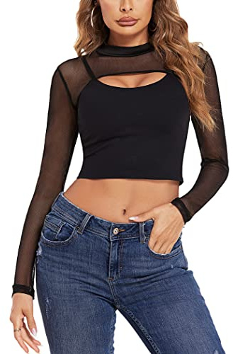 Avidlove Mesh Crop Tops for Women Mock Neck Long Sleeve Crop Top See Through Shirt Top Sexy Clubwear(Black, Small)