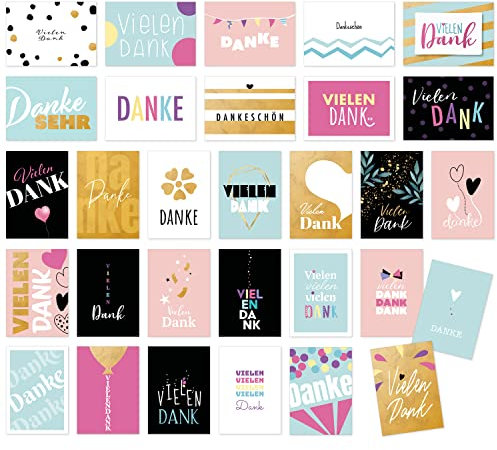 Einladungskarten Manufaktur Hamburg 30 Dankeskarten Danke Karten im Set mit Umschlag mit modernen Design Schrift Typo Motiven zum Bedanken und Dankeschön sagen Mix