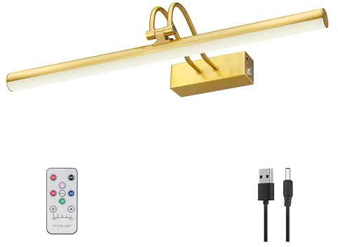 RAIFOOLLY Picture Light, 16 Inch Cordless Picture Lights for Wall with Timer and Dimmable, 5000mAh Battery Operated Wall Lights for Display Gallery Painting Art Frame Portrait - Plated Gold Metal