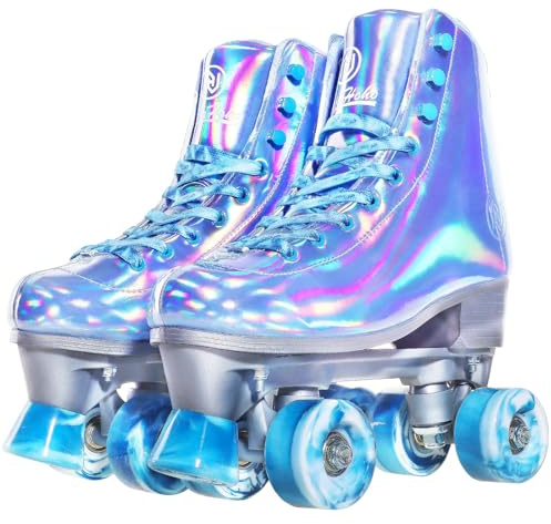 JajaHoho Roller Skates for Women, Shiny Holographic High Top Rollerskates, Mixture Color Double-Row Four Colour Frozen Wheels Quad Skates for Girls Age 8-51 Indoor Outdoor (Very Peri Blue, Size 7)