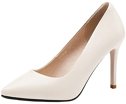 Jamron Mujer Cuero Genuino 9CM Tacones Altos Elegante Puntiagudo Pumps Oficina Zapatos de Trabajo Beige SN602C015-3 EU38.5