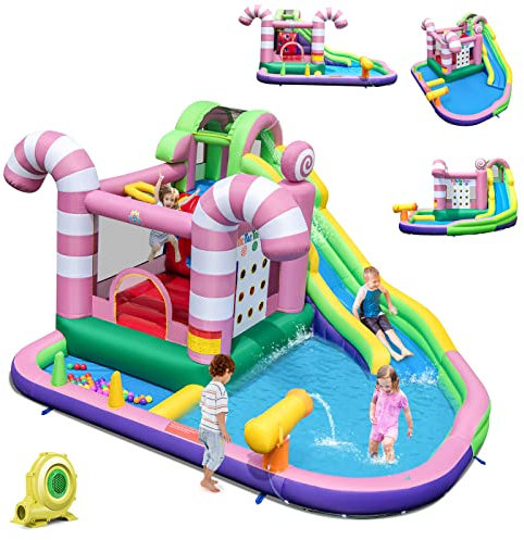 COSTWAY 9 en 1 Château Gonflable en Forme Bonbons avec Toboggan, Maison de Saut Gonflable avec Pistolet à Eau, Jeu Tic-Tac-Toe, 50 Boules, Charge 90kg pour 2 Enfants de 3-10 Ans（avec souffleur 680W