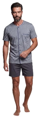 SNELLY Pigiama Uomo Estivo Primaverile 100% Cotone, Pigiami 2 Pezzi Maglia Maniche Corte e Pantalone Corto o Lungo, Pigiama Aperto con Bottoni, Grigio e Blu Navy, Taglia M L XL XXL (Taglie Forti)