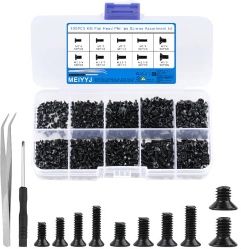 500 Stk M2 M2.5 M3 Schrauben Set, Senkkopfschrauben, Flachkopfschrauben, Maschinenschrauben Sortiment, Gewindeschrauben Set für Computer Laptop PC Reparatur