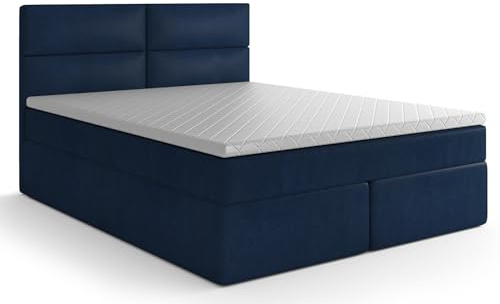 MRGROUP Boxspringbett mit Bettkasten Kemi 140 x 200 cm, Samtstoff, Polsterbett mit Bonell-Matratze und Topper, Doppelbett mit Stauraum, Bett für Schlafzimmer, Gepolstertes Kopfteil, H3, dunkelblau