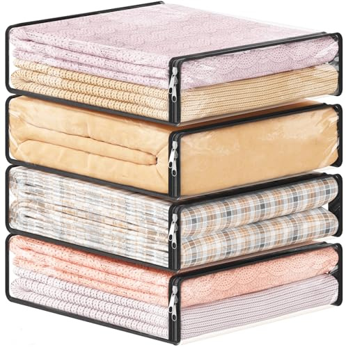 Lifewit Scatole per Vestiti Trasparenti, Contenitori per Armadio, Scatole Armadio Pieghevole in Plastica, Contenitore Sottoletto, Organizer Armadio per Vestiti, Maglione, Coperta, 14 L, 4 Pezzi