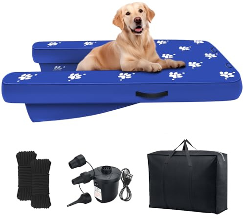 NGNFZQ Inflatable Dock Platform with Electric Pump, Dog Boat Ramp Floating Non-Slip Oxford and PVC with Water Ramp for Dogs Pool, Dock, Lake with Traction Rope Blue (4.7ft x 3ft x 6in)