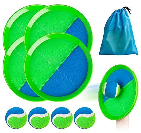 INPODAK Klettballspiel für Kinder,Wasserdicht Ballwurf und Fangspiel Set,Gartenspielzeug Outdoor Spiele für 3-12 Jahre,2er Set Strandbälle 4 Paddel & 4 Bälle,Sommer Strandspielset für Familien
