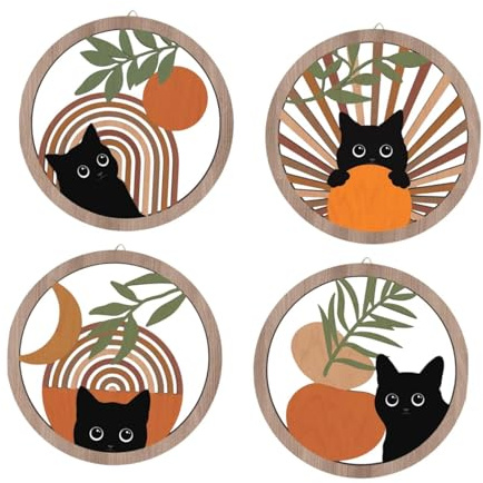 perfk 4 Pezzi Decorazioni da Parete da Gatto Boho, Ornamento Artistico a Parete in Legno Appeso, Arredamento della Camera, Arte della Parete del Gattino per
