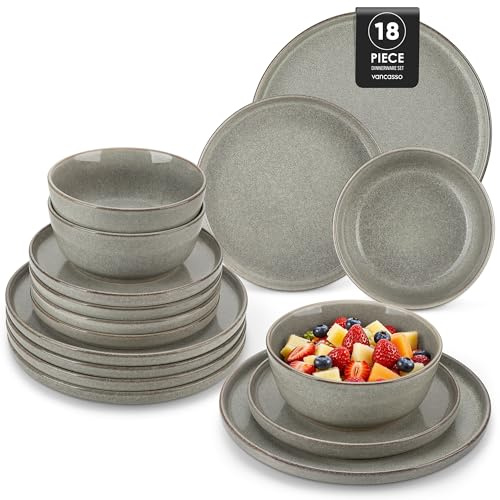 vancasso ANYA Servizio Piatti 18 Pezzi per 6 Persone, Set Piatti Moderni in Gres - 6 Piatti Piani, 6 Piatti Dessert e 6 Ciotole Cereali - Smalto Reattivo Marrone, Adatto per Microonde