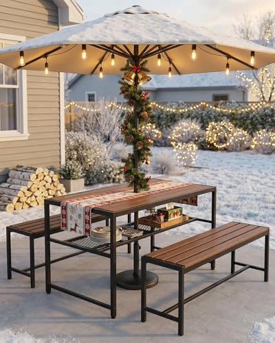 Juego de mesa y banco de picnic para exteriores de 3 pieza,juego de comedor para patio de 4 a 6 personas,juego de muebles de jardín de 3 piezas con espacio para sombrilla y estante de almacenamiento
