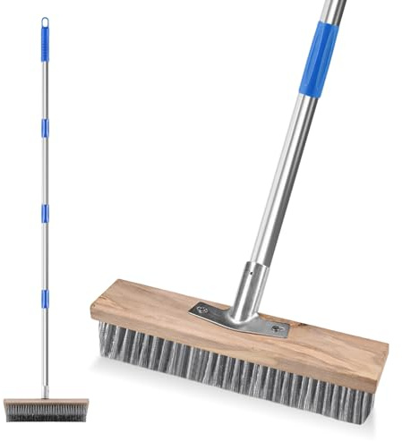 Escoba de alambre con mango, 160 cm, cepillo de acero resistente y cepillo de calle con mango, cepillo de alambre resistente para eliminar musgo, malas hierbas y algas para terraza, patio, jardín
