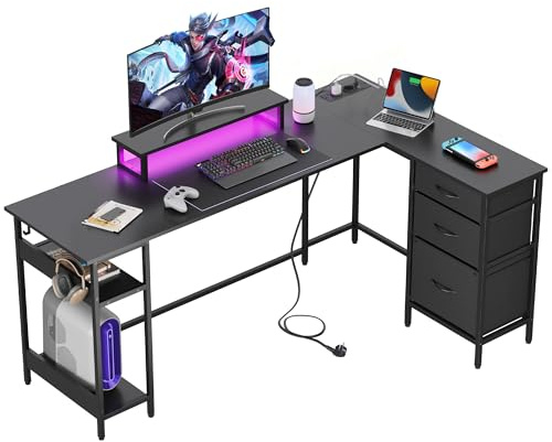 DEVAISE Scrivania Angolare L 168×103 cm con cassetti, scrivania con presa elettrica e USB, tavolo computer con spazio di archiviazione per home office e camera da letto, nero