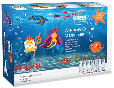 KREUL 42940 - Window Color Set Magic Sea für Kinder, 7 x 29 ml Fenstermalfarben, Komplettset mit brillanten Farben im Pen und Motivvorlagen