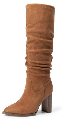 DREAM PAIRS Women's Knee High Boots Pointed Toe Chunky Block Heel Suede Boots Comfortable for Women with Side Zipper Fashion Slouchy Boots,Size 8,Camel,DWUMKB2513