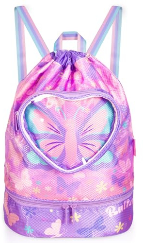 PinkSheep Swimming Bag for Kids, Gym Drawstring Backpack for Girls Boys - Waterproof Beach Bags with Shoes Compartment and Wet Proof Pocket for Swimming Pool Beach Travel School (Butterfly)