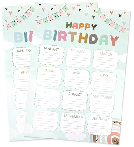 ktxaby 2pcs Happy Birthday Chart Poster,Reusable Birthday Poster,Boho Birthday Calendars Chart for Classroom Bulletin Board Chalkboard Wall Decorations(40x28.5cm)
