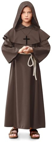 Child Boys Monk Red Medieval Cloak Friar Cape with Cowl Hat Matching Cross Necklace Pastor Renaissance Priest Hooded Robe with Rope Belt 10 Years