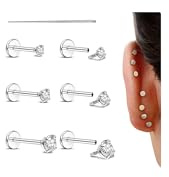 SLLAISS Piercing Tragus Helix Acero Quirúrgico 316L Pendientes Piercing Oreja con Brillante Circonita Piercings Labret Labio Cartílago Septum Nariz para Mujer Hombre Plano Rosca Interna 18G Plata
