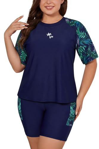 SHEKINI Plus Size 2 Piece Rash Guard Swimsuit for Women Built-in-Bra Short Sleeve Swim Shirt & Boyshort with Pockets Swimming Costumes Swimwear(Deep Blue Leaves,3XL)