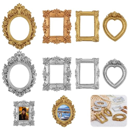 Heclia Vintage Mini Picture Frame 7 PCS Set Mini Gold Frames Baroque Antique Resin Tabletop Jewelry Display Small Photo Frames Miniature Tiny Frame Wall Hanging for DIY Christmas Home Decor Gift