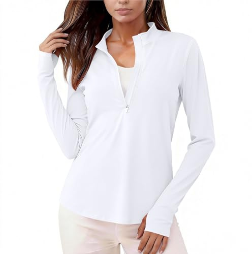 Chemise Anti UV Femme été Tee Shirt de Plage Protection UV T Shirt de Sport UPF 50+ Léger Respirant Fonctionnel Séchage Rapide Veste de Course Manches Longues ZiPPé Pullover Trou Le Pouce Caché