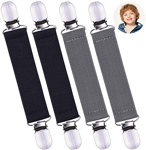 wisdompro 4 Pack Glove Clips, Mitten Clips with Elastic Straps for Kids, Toddle and Adults, Clothes Waist Cinch Clips, Sweater Cardigan Clips - Grey, Black