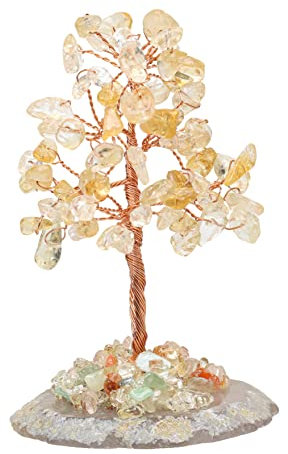 Halukakah Cristal Árbol Afortunado Feng Shui Citrino Auténtico Piedras Preciosas Árbol de la Vida Envuelto a Mano Cobre Ramas de Alambre Ágata Base Cuenco de Canto Bendecido 10cm Alto