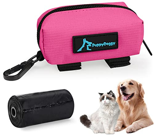 PuppyDoggy 1 Pack Poop Bag Holder for Dogs & Cats Waste Bag Dispenser Pouch with 1 Roll of Free Poop Bags - Dog Leash Accessory & Bicycle (Pink)