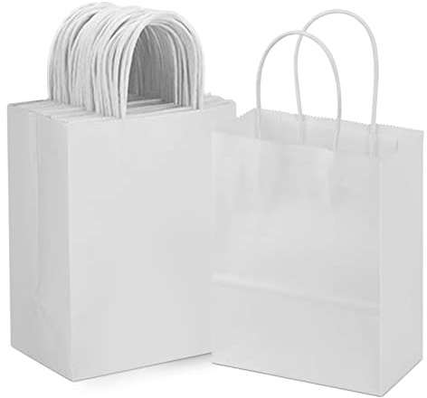 50 Piezas Bolsas de Papel Kraft Papel de Regalo Con Asa Papel Regalo Navidad Bolsas de Papel Pequeñas Espesar, Fiesta, Cumpleaños, Boda, 21 x 11 x 27 cm, Blanco