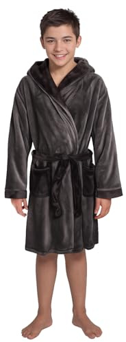 Slumber Hut® Luxury Boys Fleece Hooded Dressing Gown Warm Snuggle Robe - Special Teenager Size - Flannel - Charcoal/Black - 14-15 Years