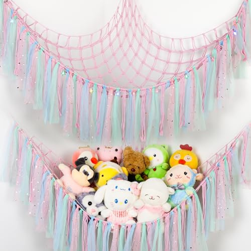 Stuffed Animal Hammock with LED Lights - 59 Inch Large Toy Storage Net for Kids Bedroom, Wall-Mounted Plush Organizer with Wooden Rings, Nursery Decor (Handwoven, Pink)