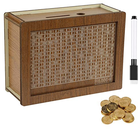 Wooden Money Box With Counter, Piggy Bank Wood Reusable Wooden Money Jar, Money Saving Box With Erasable Pen Money Saving Bank Help Budget Boxes For Adults (10000)