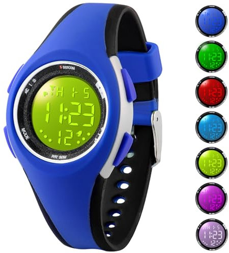 GUUMUXIN Kinderuhr, 7 Farben Kinderuhr Jungen Mädchen, Armbanduhr Kinder, 50 M Wasserdicht Sports Outdoor Digitaluhr Kinder, Armbanduhr für Junior Teenager Kids Watch(Blau)