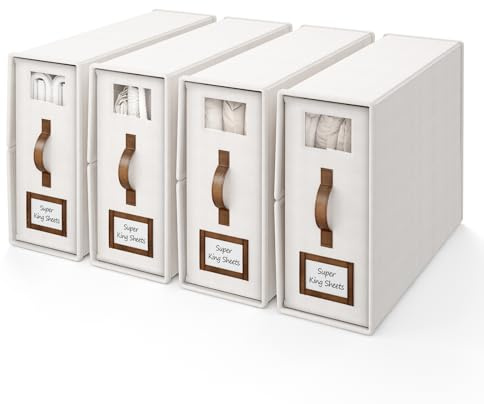BigPonPon Paquete de 4 organizadores de sábanas y almacenamiento, organizador de sábanas plegable para armario de ropa de cama (tamaño Super King), caja de almacenamiento de ropa de cama de lino con