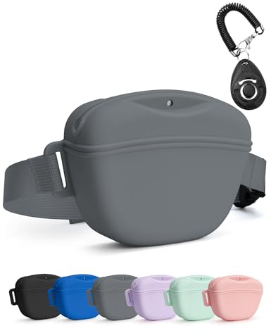 heouvo Dog Treat Pouch with Training Clicker, Upgrade Stronger Magnetic Closure to Avoid Spilling, 1.67 Cup Silicone Treat Bag Fanny Pack with Waist Belt for Pet Training Walking (Grey)