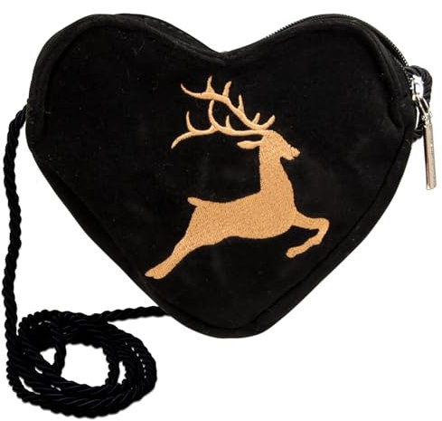 Alpenflüstern Herztasche Hirsch - Damen Trachtentasche in Herzform, Schultertasche fürs Dirndl, Herz Handtasche zur Tracht, Dirndltasche (schwarz) DTA098