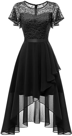 Wedtrend Vestido de noche elegante para mujer, vestido de cóctel de alto/bajo, vestido de fiesta con encaje, línea A, para boda, vestido corto festivo para mujer, línea A, vestido Vokuhila, Negro