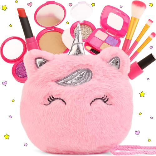 Pretend Makeup Kit for Toddlers Girls Toys Age 3 4 5 6 7 8 Years Old Gifts, Fake Play Makeup Set for Kids Toy 3-5 4-6, Unicorn Princess Little Girl Purse with Make up, Birthday Easter Gifts for Girls