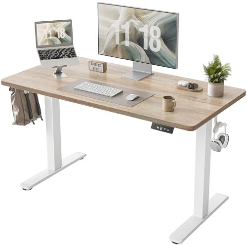 TIQLAB Electric Height Adjustable Standing Desk 47.2×23.6 inch, Sit Stand Desk with Splice Board, Memory Controller, White Frame & Maple Top Computer Workstation for Home Office