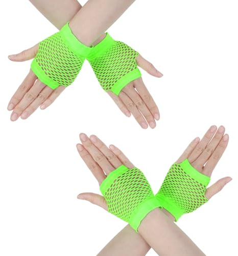 Mabor 2 Paar Grüne Fingerlose Handschuhe，Kurze Elastische Neon Party Netzhandschuhe Neon Grün 80er 90er Jahre Accessoires Cosplay und Damenkostüm Accessoires 80er 90er Jahre Outfit Damen