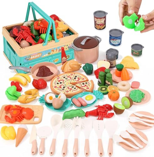 TIDEVAN Accessoire Cuisine Enfant Ensemble,Dinette Enfant Ustensile Cuisine Enfant,Fruits et Légumes Jouet à Couper de Jouet imitant,Jeu de Role Chef Kit Cuisine Enfant avec Nourriture Jouet Couteau