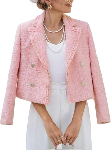 Blazer en Tweed Automne-Hiver pour Femmes, élégant, décontracté, à Double Boutonnage, Ouvert Devant, Poches de Veste Solides (rosé,XS)