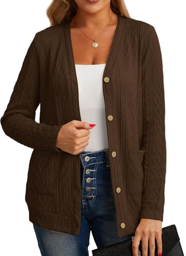 GRECERELLE Women's V Neck Button Knit Cardigan with Pockets, Brown, M