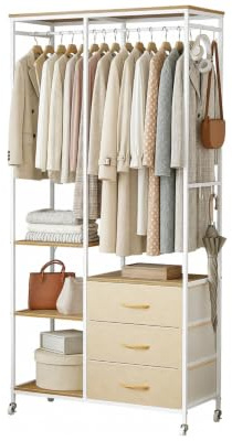 Mintnook Heavy Duty Clothing Rail,Wardrobe with 3 Drawers,Beige | easy assembly,Wood Top, Steel Frame,Ultimate Storage,sturdy,Multifunctional System