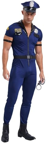 Riismen Costume Police Homme Avec Tenue De Policier Uniforme De Flic Combinaison Manches Courtes Combinaison Intégrale Carnaval Fête À Thème Déguisement